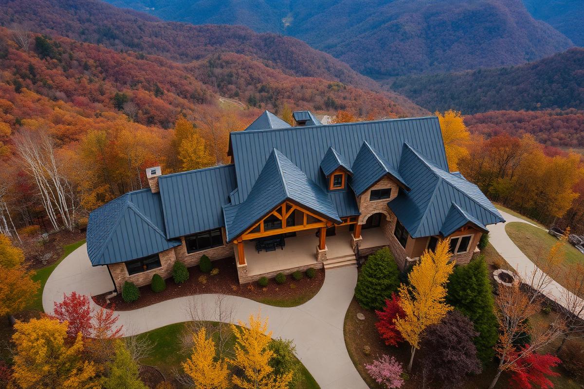 Aerial view of completed mountain home build