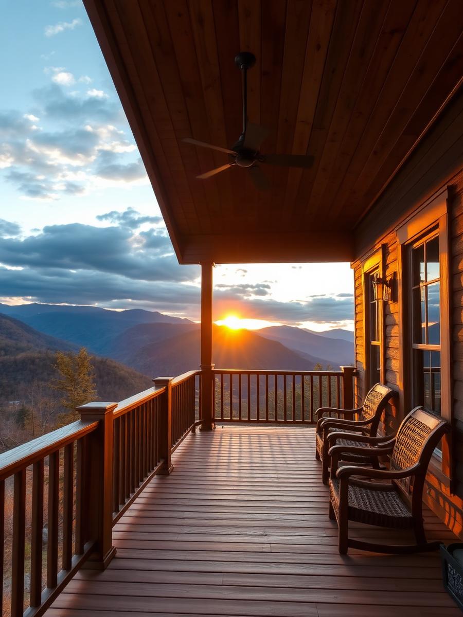 Covered wood deck with mountain views